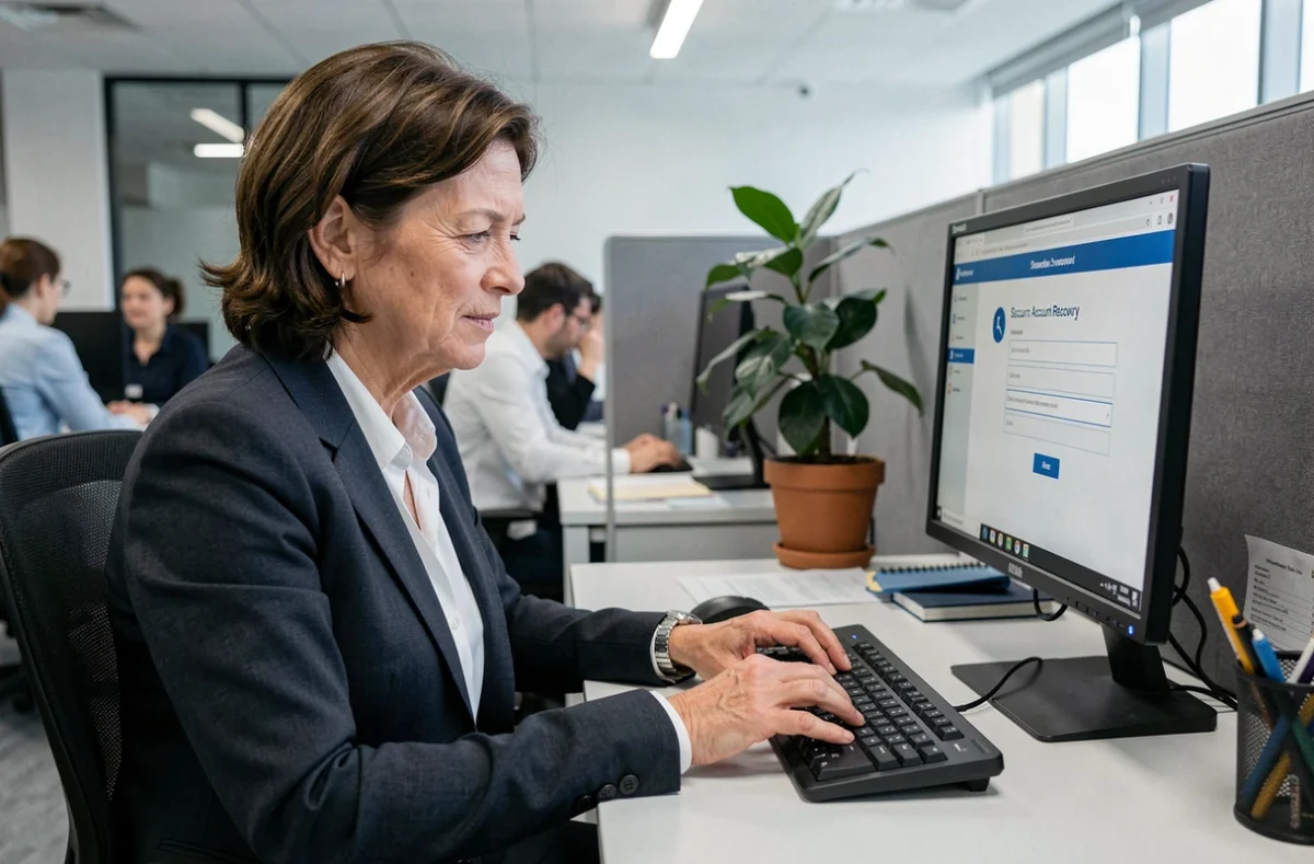 Femme en bureau professionnel récupérant l'accès à son compte en ligne sur ordinateur de bureau