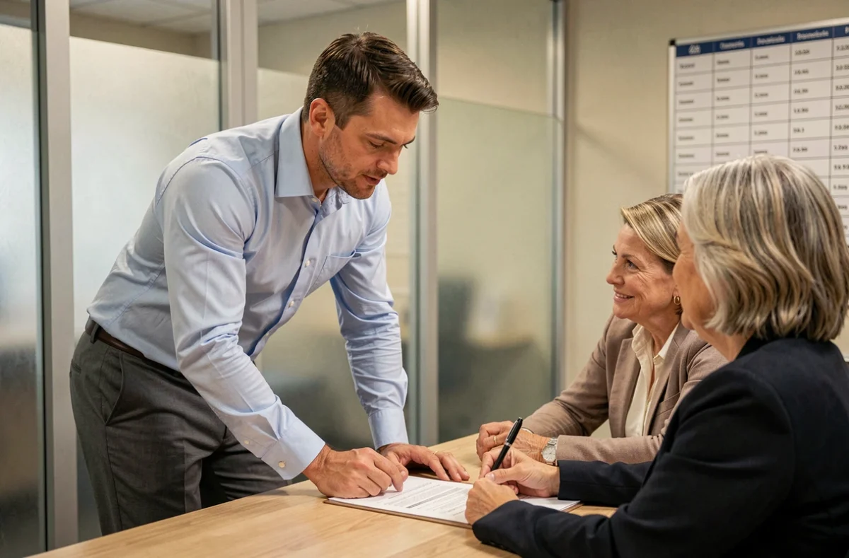 Spécialiste ACE Crédit expliquant un contrat de prêt immobilier à un couple dans une agence professionnelle