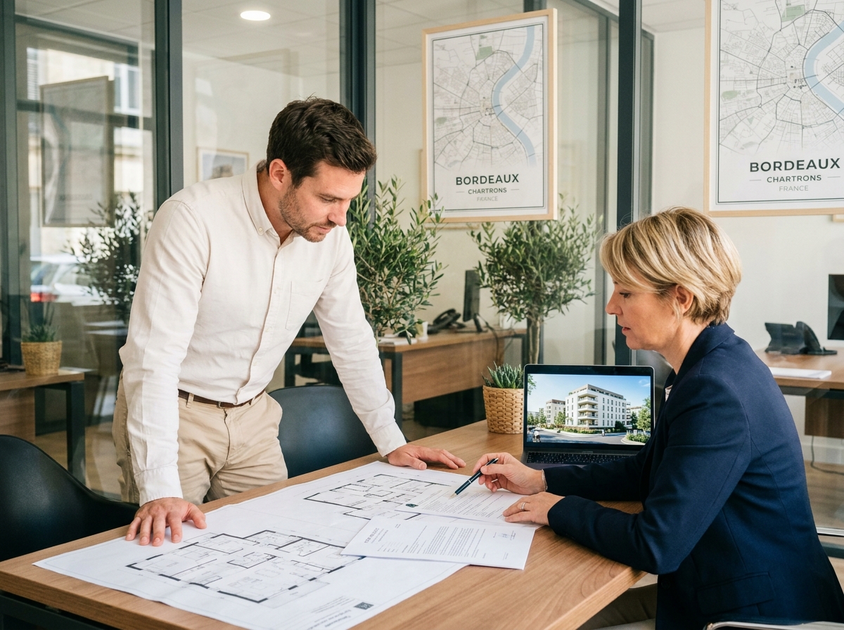 Homme et agent immobilière examinant un contrat d'achat dans une agence immobilière à Bordeaux avec plans de programmes neufs