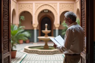 Homme examinant des documents immobiliers dans la cour intérieure d'un riad traditionnel de Marrakech avec fontaine et carrelage zellige