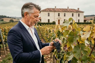 Acheteur potentiel d'un vignoble bordelais inspectant des grappes de raisin Merlot devant un château en pierre au cœur du Bordelais