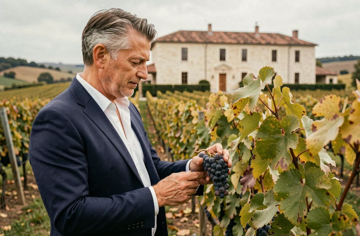 Acheteur potentiel d'un vignoble bordelais inspectant des grappes de raisin Merlot devant un château en pierre au cœur du Bordelais