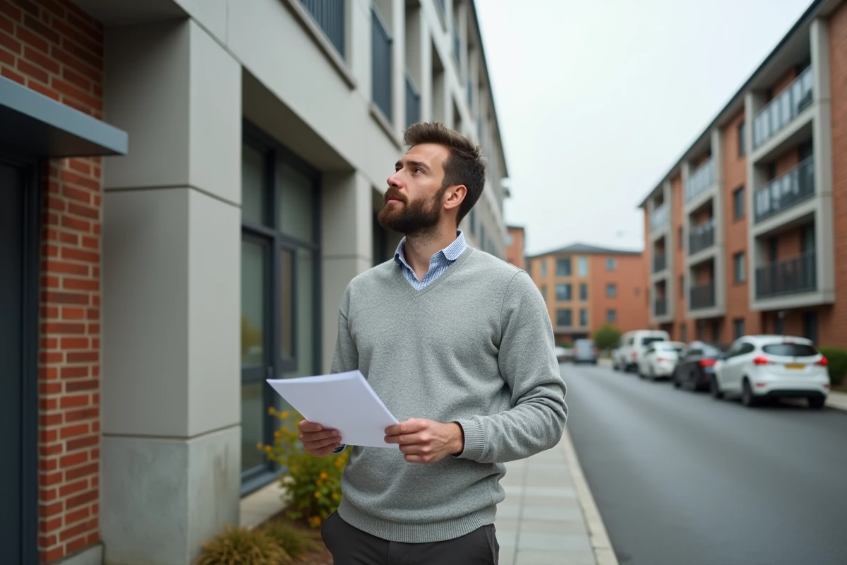 Acheteur immobilier réfléchissant aux contraintes d'un logement en bail réel solidaire devant une résidence