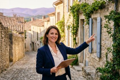 Agent immobilière présentant une maison en pierre traditionnelle dans un village de l'Hérault, rue pavée et architecture languedocienne