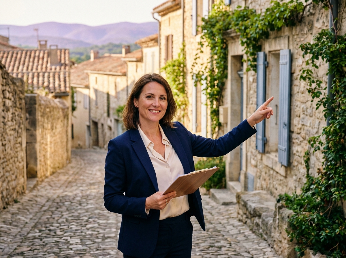 Agent immobilière présentant une maison en pierre traditionnelle dans un village de l'Hérault, rue pavée et architecture languedocienne