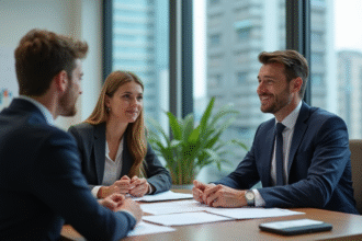 Agent immobilier en costume bleu expliquant un contrat à un couple