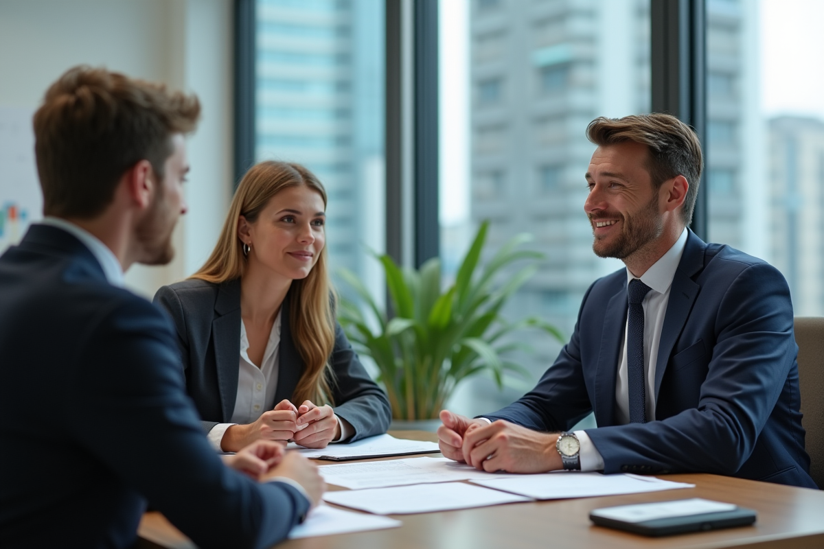 Agent immobilier en costume bleu expliquant un contrat à un couple