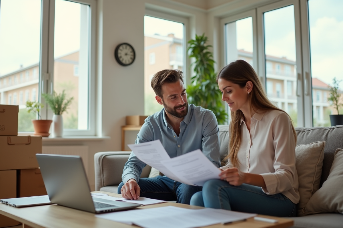 Agent immobilier et couple examinant documents financiers