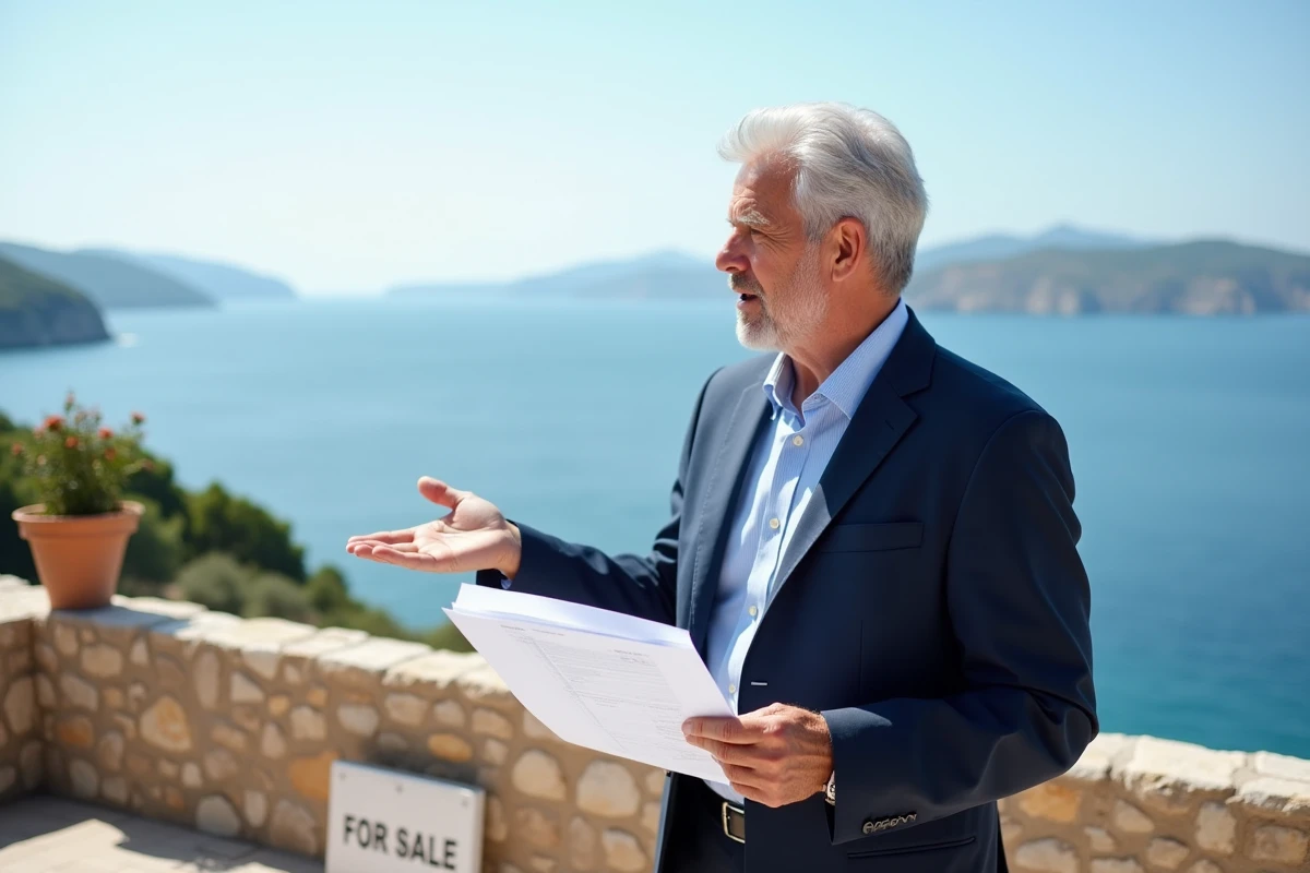 Agent immobilier présentant une estimation de revente sur la terrasse d'une maison vue mer