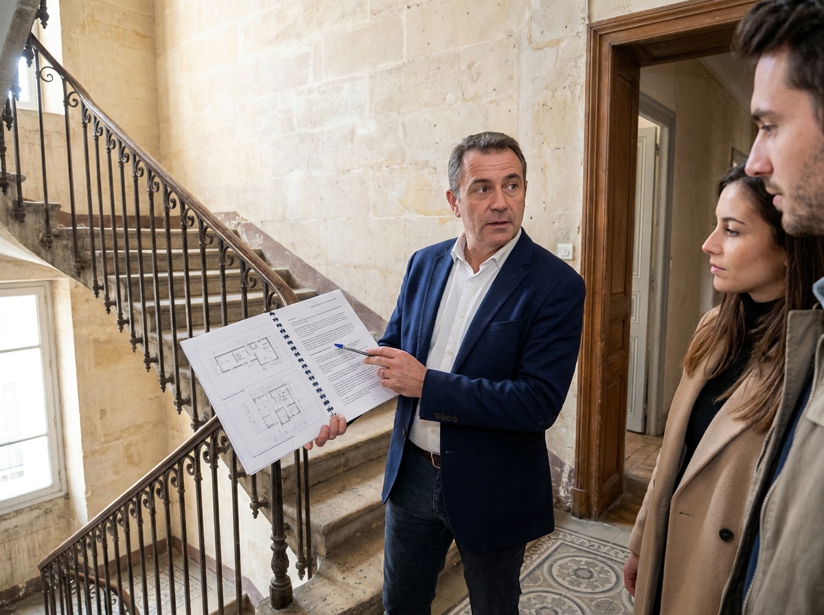 Agent immobilier expliquant un rapport de diagnostic à des primo-accédants dans un immeuble ancien de Marseille