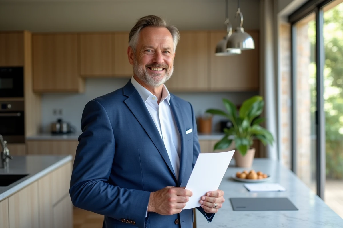Agent immobilier en costume bleu avec documents mandat en Provence