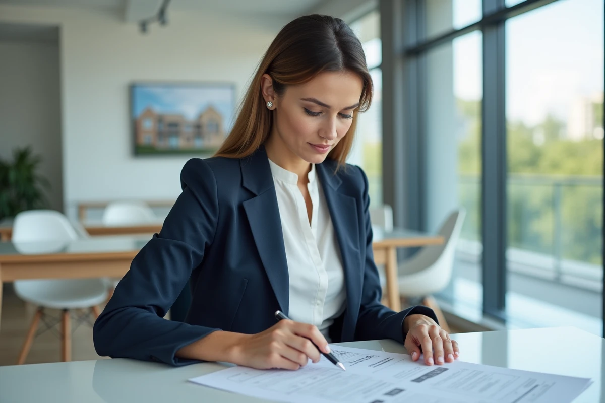 Agent immobilière professionnelle en blazer marine révisant des annonces immobilières dans un bureau moderne et lumineux