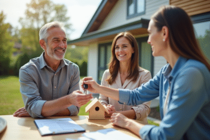 Agent immobilier remettant les clés à un couple devant une maison moderne