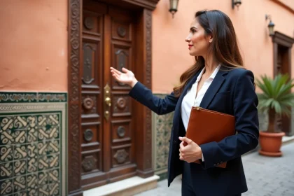 Agent immobilière marocaine devant un riad traditionnel à Marrakech pour un investissement immobilier rentable