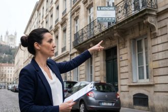 Agent immobilière devant un immeuble haussmannien lyonnais avec panneau À Vendre et documents d'estimation