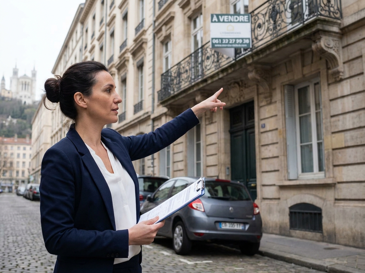 Agent immobilière devant un immeuble haussmannien lyonnais avec panneau À Vendre et documents d'estimation