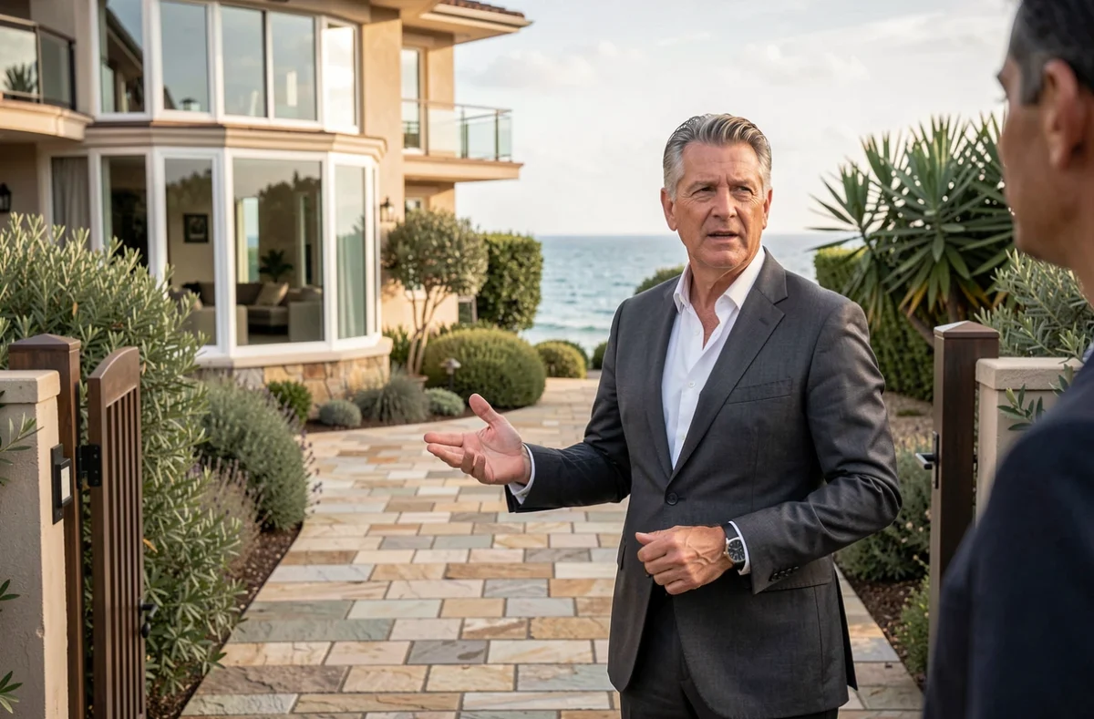 Agent immobilier présentant une villa vue sur mer à un acheteur potentiel, propriété de luxe en bord de mer