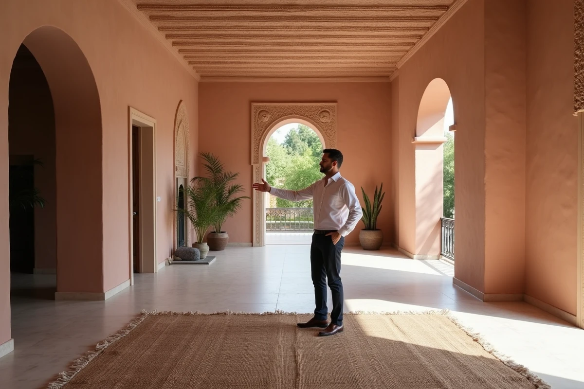 Agent immobilier présentant un appartement spacieux à vendre à Marrakech avec architecture marocaine authentique