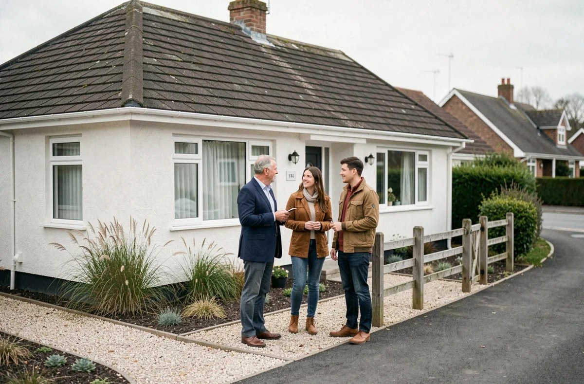 Agent immobilier présentant une maison plain-pied à louer à un couple lors d'une visite