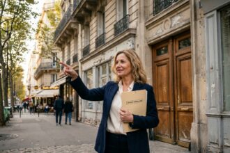 Agente immobilière devant un immeuble ancien classé énergie F ou G à vendre, tenant un dossier de vente