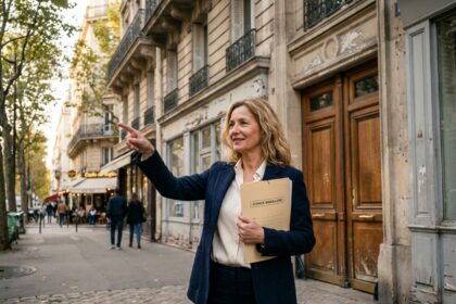 Agente immobilière devant un immeuble ancien classé énergie F ou G à vendre, tenant un dossier de vente