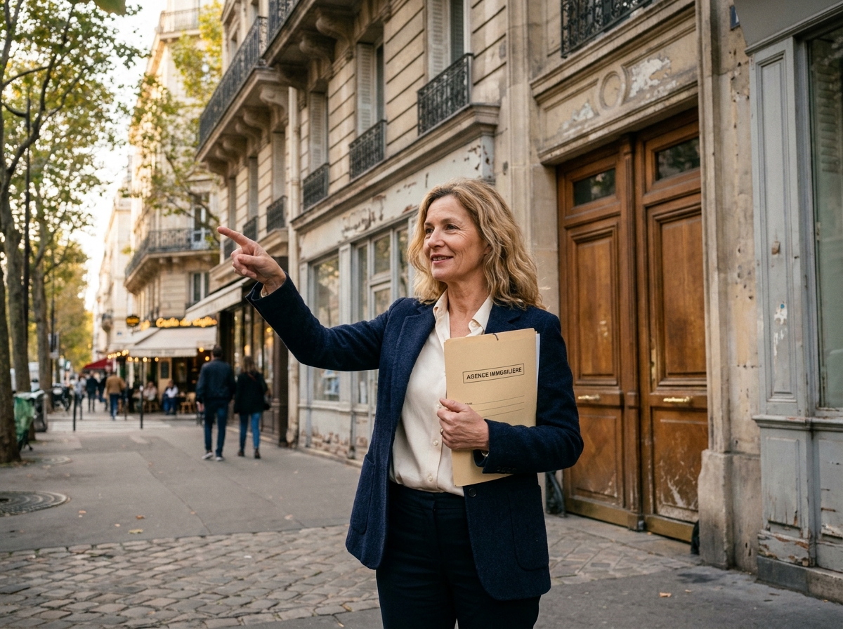 Agente immobilière devant un immeuble ancien classé énergie F ou G à vendre, tenant un dossier de vente