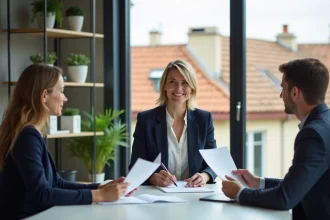 Agente immobilière souriante présentant des documents à un couple dans une agence immobilière moderne à Lyon
