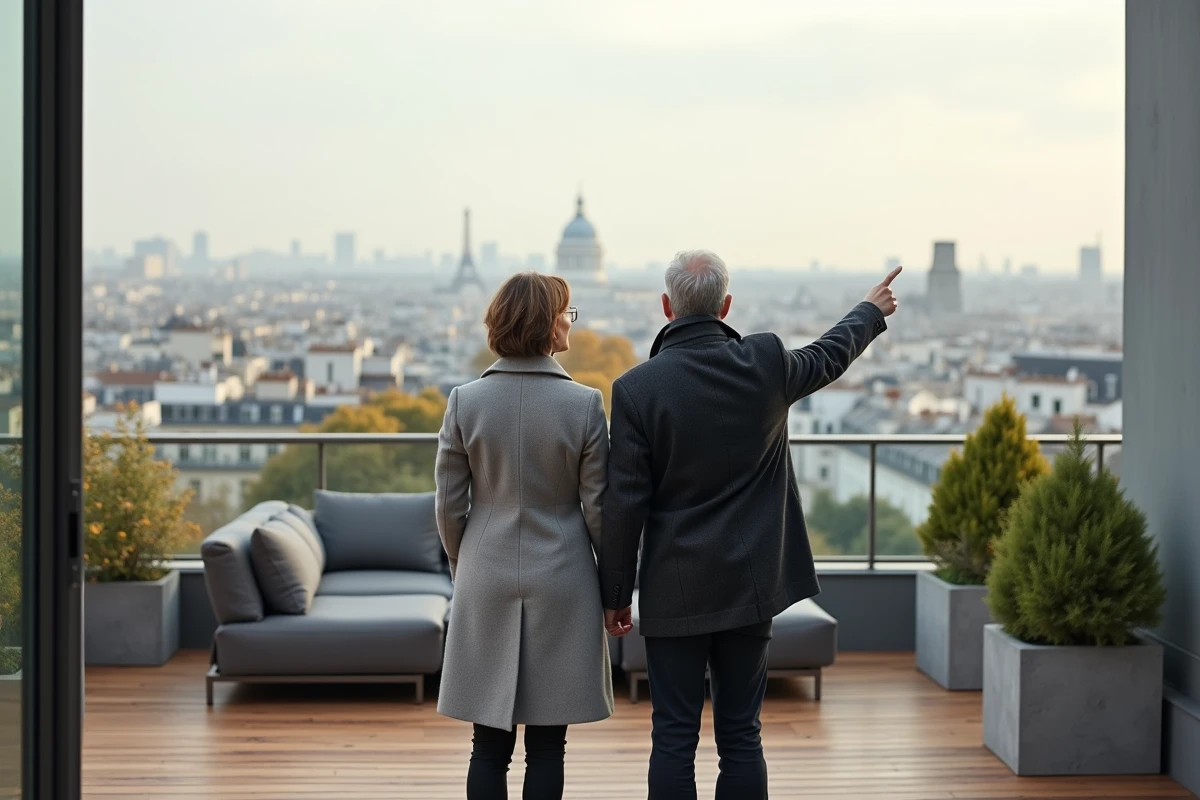 Agents immobiliers sur une grande terrasse privée d'un appartement parisien contemporain