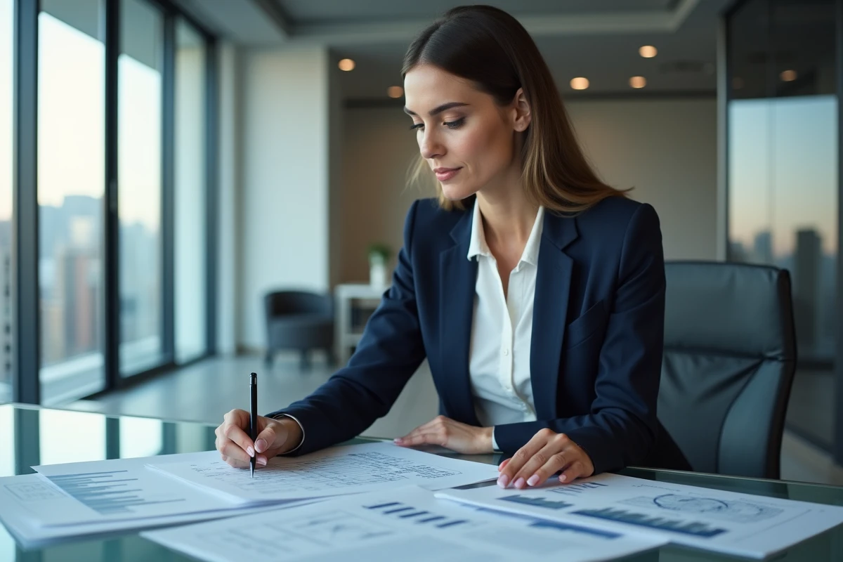 Professionnelle analysant des documents légaux et financiers liés à l'historique et l'activité réelle d'une entreprise comme KALIMMO
