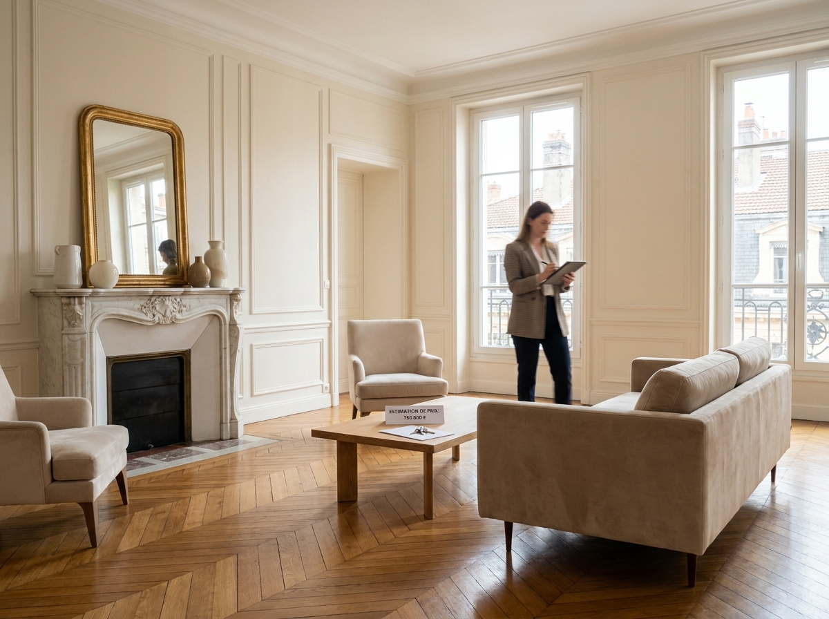 Salon d'appartement lyonnais mis en vente avec parquet en point de Hongrie, cheminée en marbre et fiche d'estimation sur la table basse