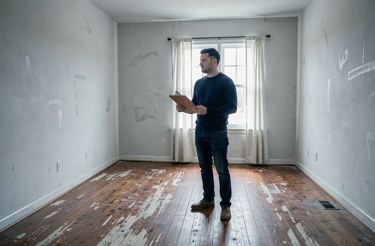 Homme tenant un dossier dans un appartement vide sans état des lieux, évaluant les lieux avant son départ