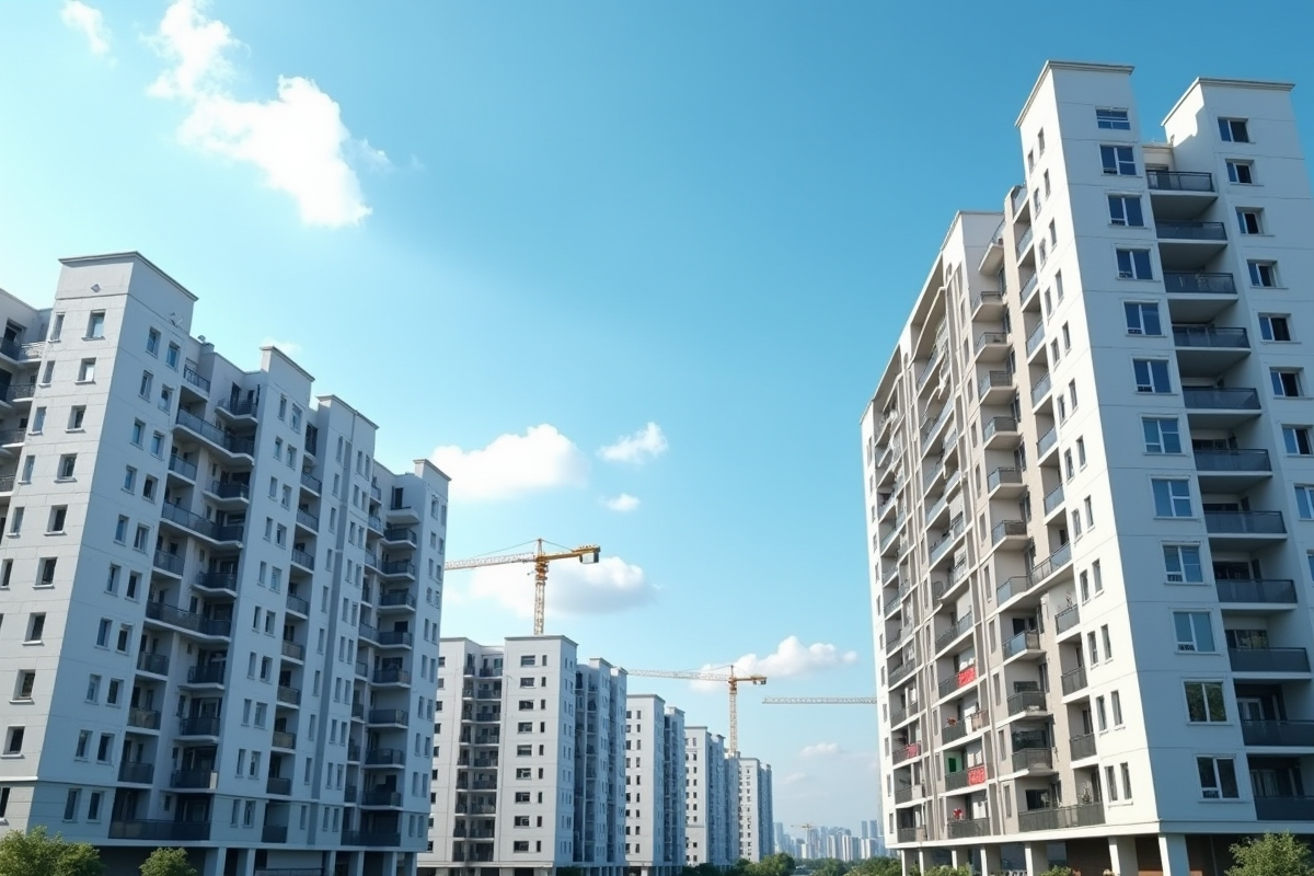 Nouveaux immeubles résidentiels avec panneaux a louer sous un ciel bleu