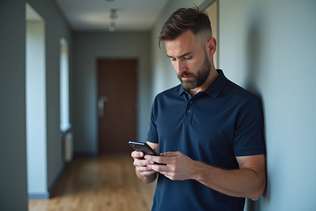 Homme utilisant l'application MyNexity sur smartphone pour suivre une demande SAV dans son immeuble résidentiel