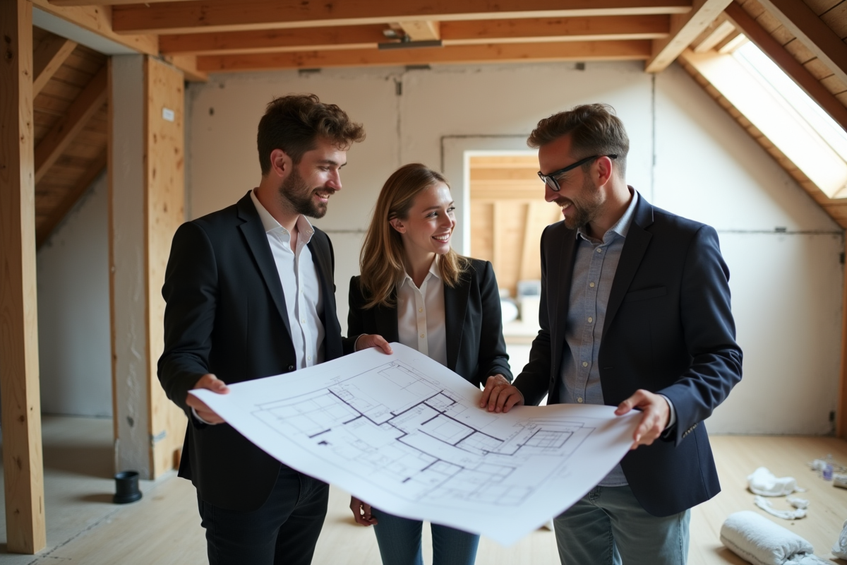 Architecte souriante examinant des plans avec un couple dans un grenier