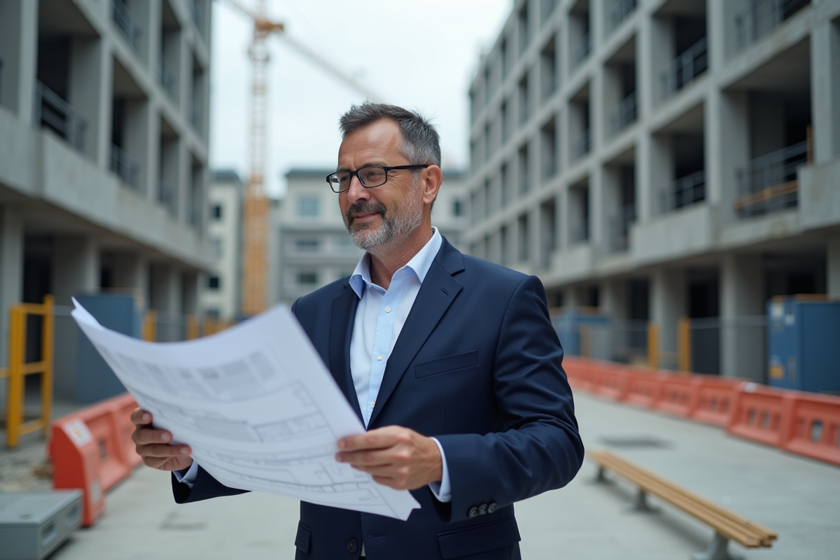 Architecte homme en costume bleu sur un chantier urbain