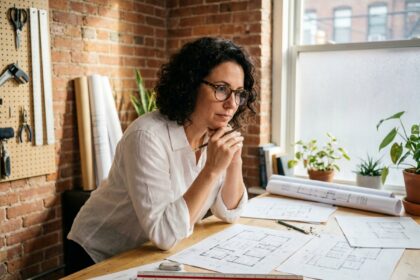 Architecte femme dessinant des plans de maison à la main sur une table de travail en bois dans un studio créatif