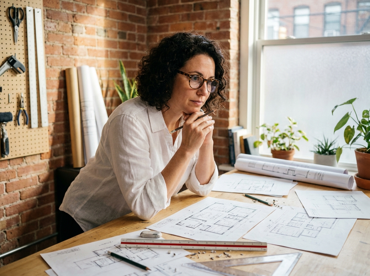 Architecte femme dessinant des plans de maison à la main sur une table de travail en bois dans un studio créatif