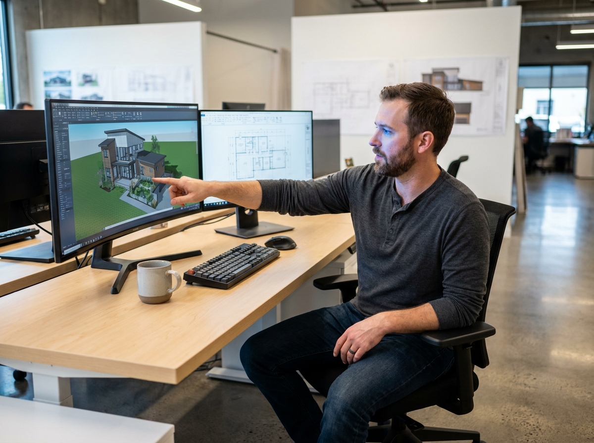 Architecte homme travaillant sur un modèle 3D de maison personnalisée sur ordinateur dans un bureau moderne