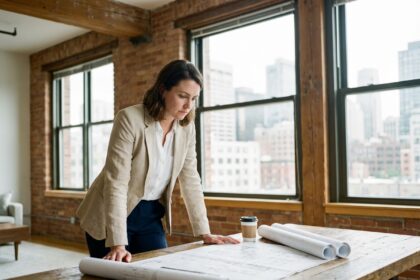Jeune femme architecte en intérieur moderne avec plans