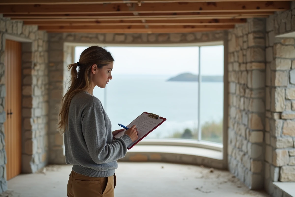 Architecte évaluant les travaux de rénovation dans une maison vue mer en chantier