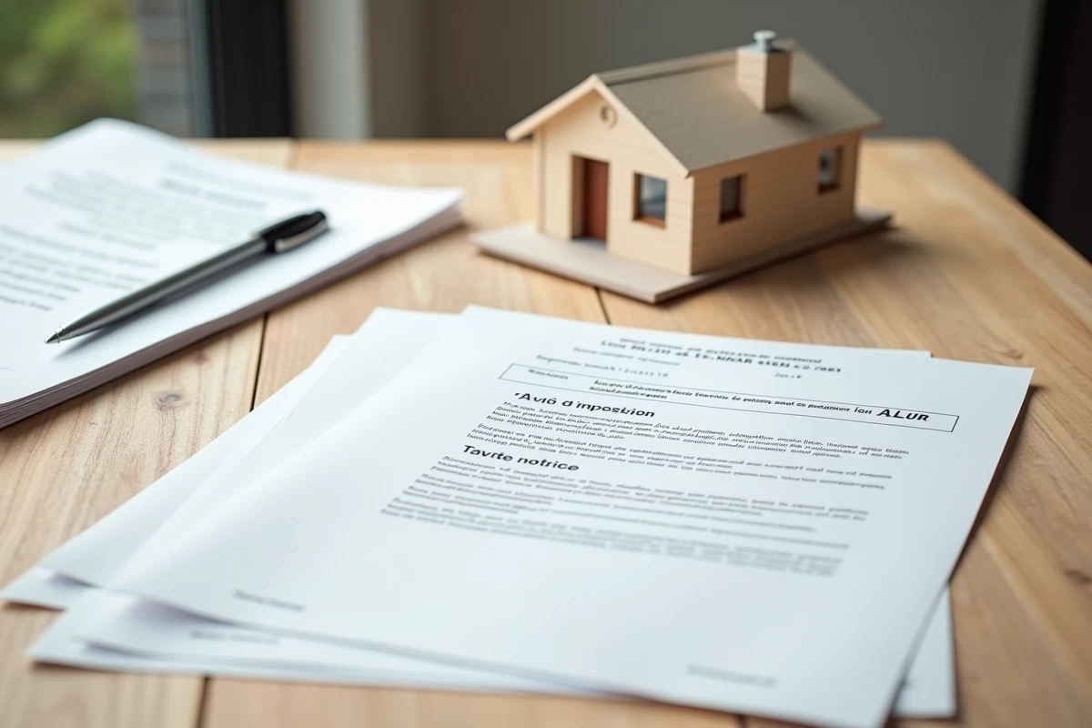 Avis d'imposition français posé sur une table en bois à côté d'une maquette de mobil-home, illustrant la fiscalité taxe foncière et loi ALUR 2026