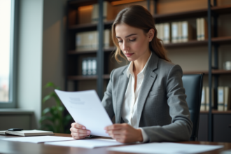 Femme avocate en bureau notarial lisant des documents