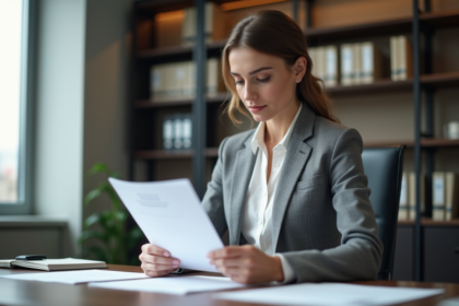 Femme avocate en bureau notarial lisant des documents