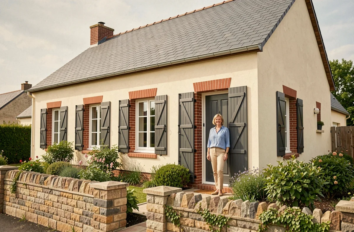 Femme devant l'entrée d'une maison individuelle de style classique en crépi clair avec volets gris construite par Babeau-Seguin dans le Calvados