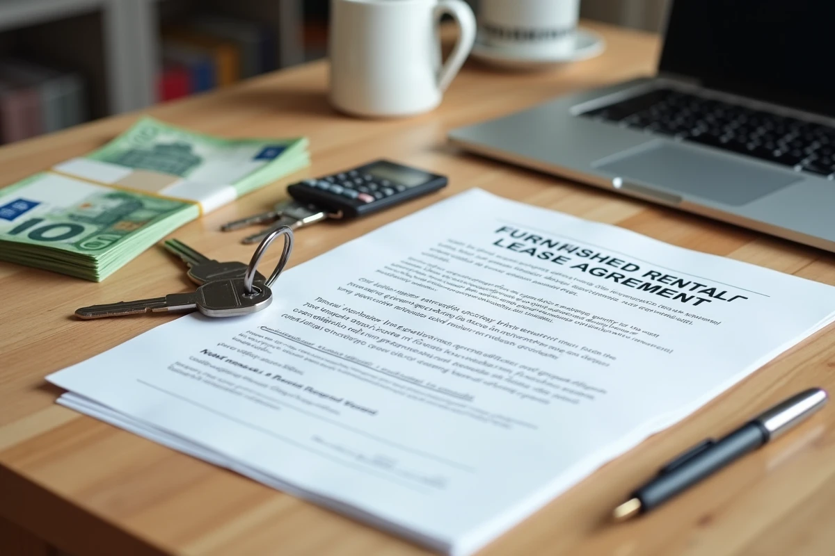 Bureau avec contrat de bail meublé signé, clés d'appartement et billets en euros