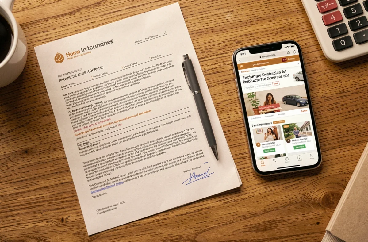 Vue du dessus d'un bureau avec documents d'assurance habitation, stylo et comparateur en ligne sur smartphone