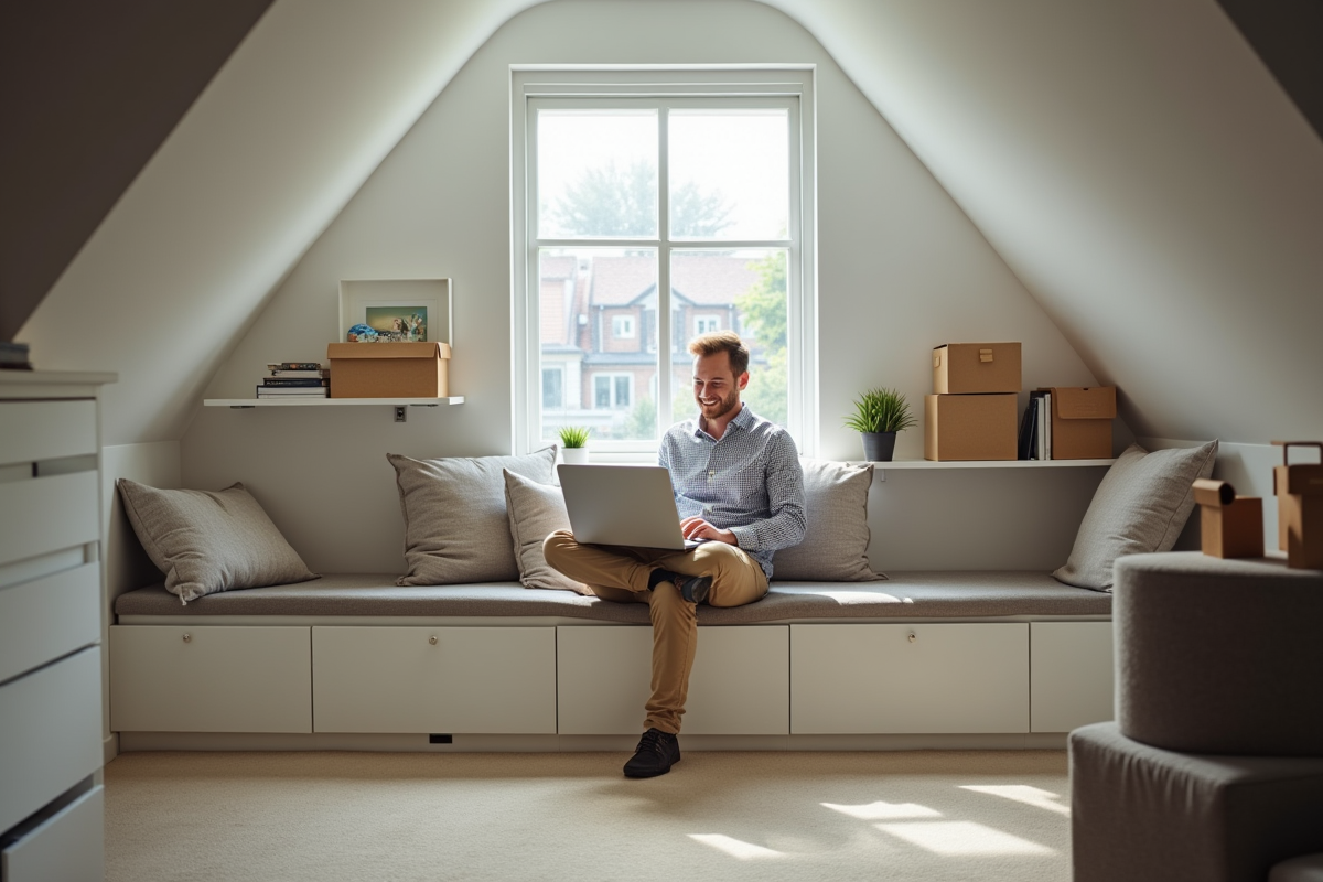 Espace de travail organisé dans un grenier avec homme au laptop