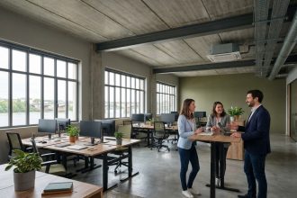 Espace de bureaux modernes à Nantes avec vue sur la Loire, équipe de professionnels en discussion dans un open space lumineux