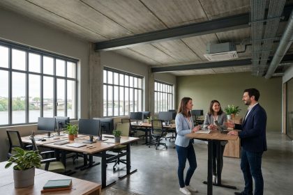 Espace de bureaux modernes à Nantes avec vue sur la Loire, équipe de professionnels en discussion dans un open space lumineux