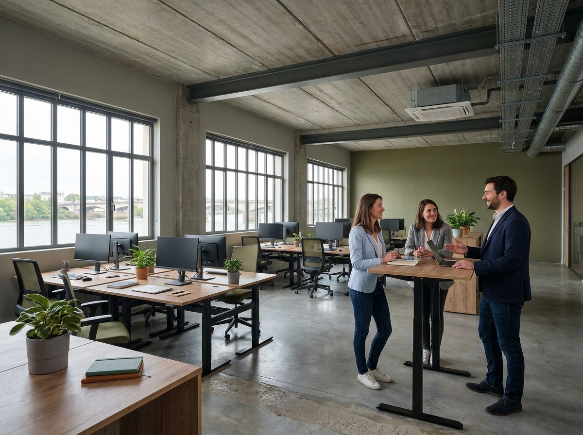 Espace de bureaux modernes à Nantes avec vue sur la Loire, équipe de professionnels en discussion dans un open space lumineux